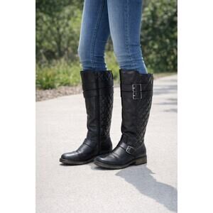 Steve Madden Black Tall Boots with Quilted Accent and Buckle Details Size 5